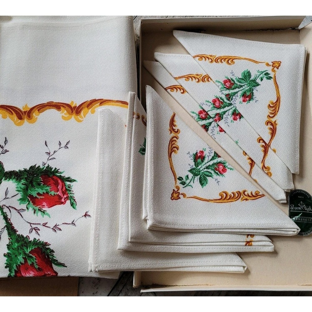 Vintage 1950s German Piepmatz "Moosrose" Tablecloth & Napkin Set - New in Box